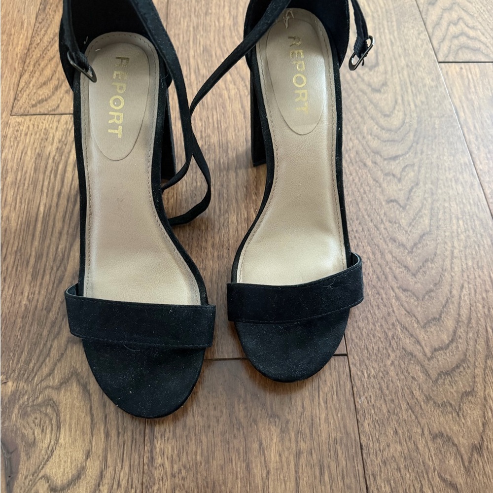 Report Black Suede Ankle-Strap Block Heels